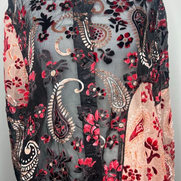 ADORE Crushed Velvet Burnout Paisley Tunic Top Size S Boho Artsy Sheer Lagenlook - Picture 3 of 13